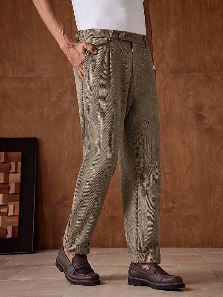 Men's Herringbone Pocket Button Casual Commuter Pants Earthy Clothes Men Cowboy Pants For Men Brown Pants For Men Western Pants Pants Accessories Men Herringbone Pants Men Men's Tweed Pants Men's Patterned Trousers