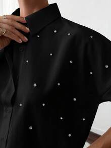 EURMUSE Women's Stylish Rhinestone Embellished Drop Shoulder Shirt - Black - View 5