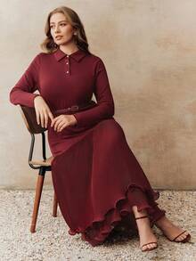 Anewsta 优雅舒适的圣诞纯色针织修身拼接褶裥鱼尾下摆长袖加大码女装连衣裙 - 酒紅色 - 查看 7