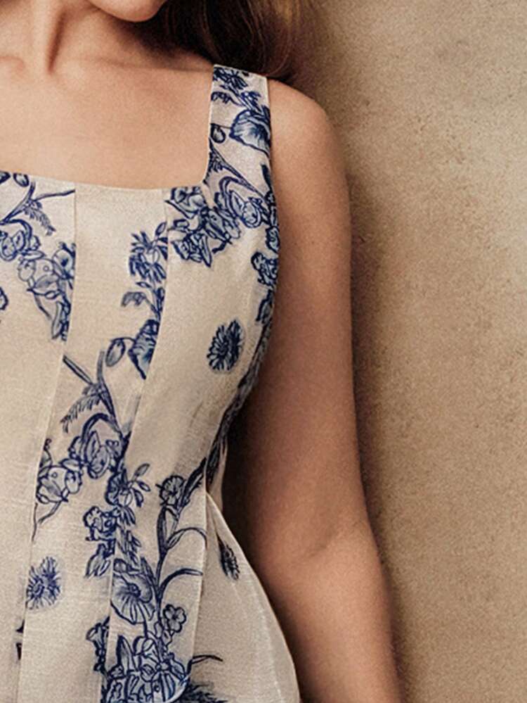 Plus Size Women's Elegant Patchwork Sleeveless Printed Cinched Waist Long Dress