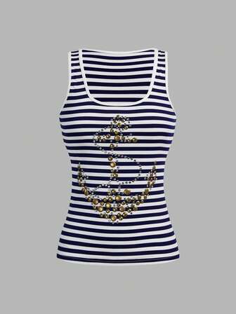 Grunge Punk توب بدون أكمام مطبع بخطوط زرقاء داكنة وزخارف من الراين على شكل مرساة بطراز Y2K الرجعي