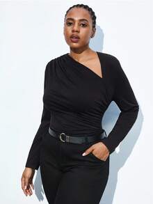 Maija 加大码黑色高领长袖修身舒适T恤，复古女款，老钱教师风格，浪漫、时尚、百搭；舒适、有型、优雅、休闲、简约日常穿搭、必备单品、纯色、假日休闲、得体、单身女士、优雅时尚商务休闲女式外出上衣 - 黑色 - 查看 8