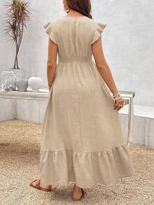 SHEIN Maternity Summer Casual Vacation Style Solid Color Shirred Ruffle Armhole Drawstring Waist Ruffled Hem Dress - Apricot - View 2