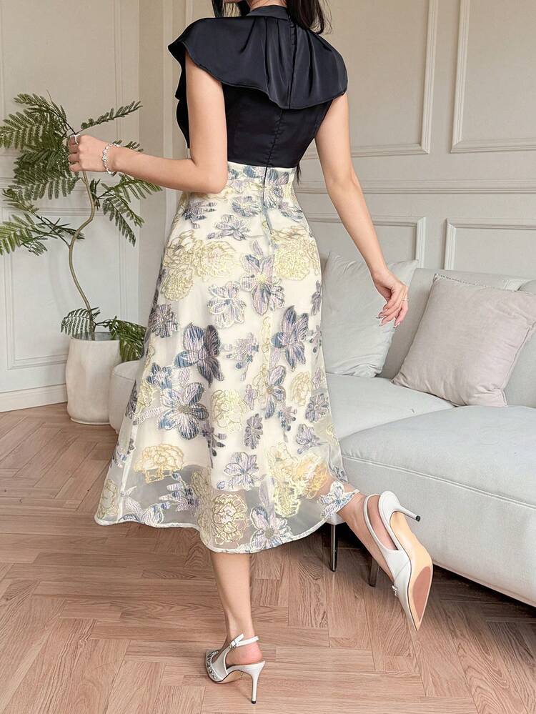 Women's Contrast Color Collar Pleated Ruffle Hem Elegant Dress Sundress Easter Maxi Dress Cocktail Dress
