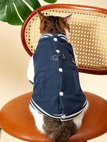 PETSIN 1件宠物猫狗通用时尚帅气蓝色休闲学院风棒球夹克，带天鹅绒内衬，舒适可拉袢狗狗外套 - 藍色 - 查看 5