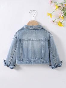 SHEIN 女童花卉刺绣蓝色牛仔翻领长袖短外套 - 淺色水洗藍 - 查看 3