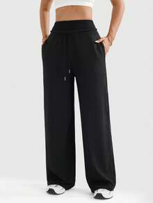 With My Calm Damskie spodnie do jogi z szerokimi nogawkami i kieszeniami bocznymi, z patchworkowym pasem, odpowiednie do uprawiania sportu, na zewnątrz i na siłownię - Czarne - Zobacz 1