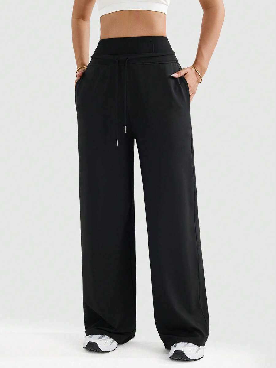 With My Calm Damskie spodnie do jogi z szerokimi nogawkami i kieszeniami bocznymi, z patchworkowym pasem, odpowiednie do uprawiania sportu, na zewnątrz i na siłownię - Czarne - Zobacz 1