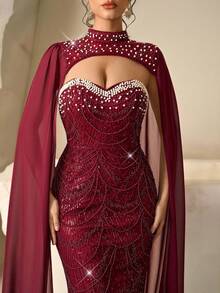 Coutiva Elegant Sequin Beaded 2-Piece Set Luxury Strapless Slim Mermaid Evening Dress,Heavy Workmanship Formal Gown For Wedding Guest,Party & Graduation - Burgundy - View 4