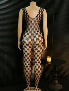 Sexy Lingerie Women Hollow Bodystocking Mesh Underwear Crotchless Fishnet Full Erotic Clothes Tights Bodysuit Off Shoulders Stockingsfor Club, Night Out, Dates, Shows, Wedding Night – Cheeky Stockings & Tights,Includes A Pair Of Leather Heart-Shaped Nipple Covers See Through Dress Long Lingerie Dress Fishnet Body Suit Fishnet Dress - Black - View 2