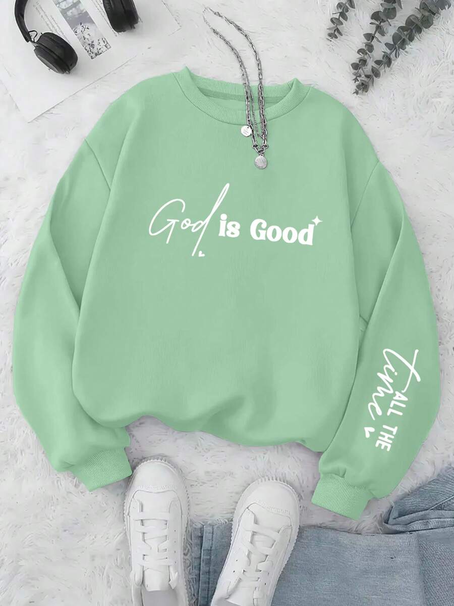 Glissea Women's Letter Print Casual Pullover Crew Neck Sweatshirt, Long Sleeve - Mint Green - View 1