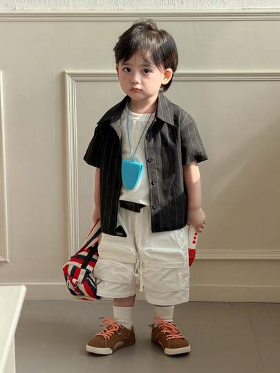 DAZY Toddler Boys' Casual Striped Collar Street Style Loose Solid Color Short Sleeve Top