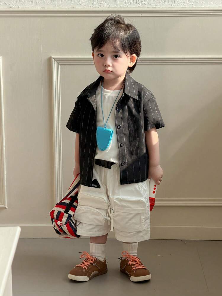 Toddler Boys' Casual Striped Collar Street Style Loose Solid Color Short Sleeve Top