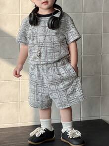 DAZY 2件套男婴韩版格子短袖休闲T恤短裤套装 夏季 - 杏色 - 查看 10