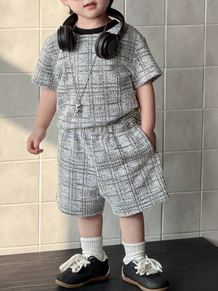 2pcs Baby Boy Korean Style Plaid Short Sleeve Casual T-Shirt And Shorts Set Summer