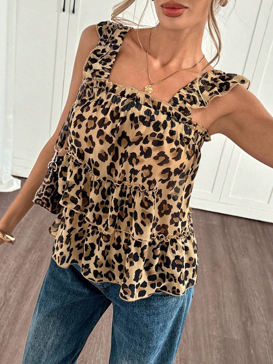 Siren Gaze Casual Semi-Sheer Leopard Print Chiffon Tank Top For Women Featuring Regular Length And Ruffle Hem Detail - Multicolor - View 1