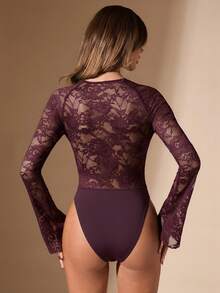 SHEIN BAE 黑色纯色性感简约优雅薄纱蕾丝金属装饰方领长袖连体衣，适合鸡尾酒会、浪漫约会、秋冬季内搭、派对、正式聚会、夜间外出、婚礼宾客、万圣节、圣诞节等场合。 - 紫紅色 - 查看 2