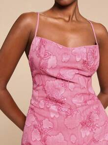SHEIN BAE Seductive Pink Floral Summer Dress,Sequin Textured Halter Backless Tie Waist A-Line Mini Vacation Beach Party Dress,Elegant Valentine Dresse For Women - Pink - View 3