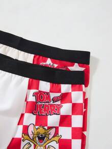 TOM & JERRY X SHEIN Tween Boy Soft Checkered Cartoon Pattern Trunks - Red and White - View 3