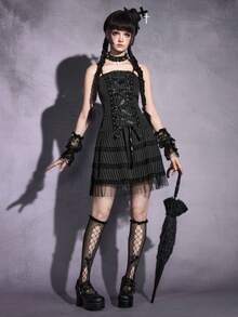 ROMWE Đầm slip mỏng kẻ sọc phối ren, kiểu dáng Gothic lãng mạn, buộc dây, phối lưới dành cho nữ. - màu đen - Xem 6