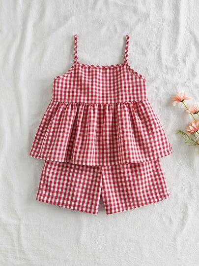SHEIN Vintaside Kids 2pcs/Set Girls Plaid Camisole Top And Straight Leg Shorts Set, Casual, Comfortable, Suitable For Outings, School, Home, Versatile, Sweet, Energetic Red Plaid Holiday Matching Set