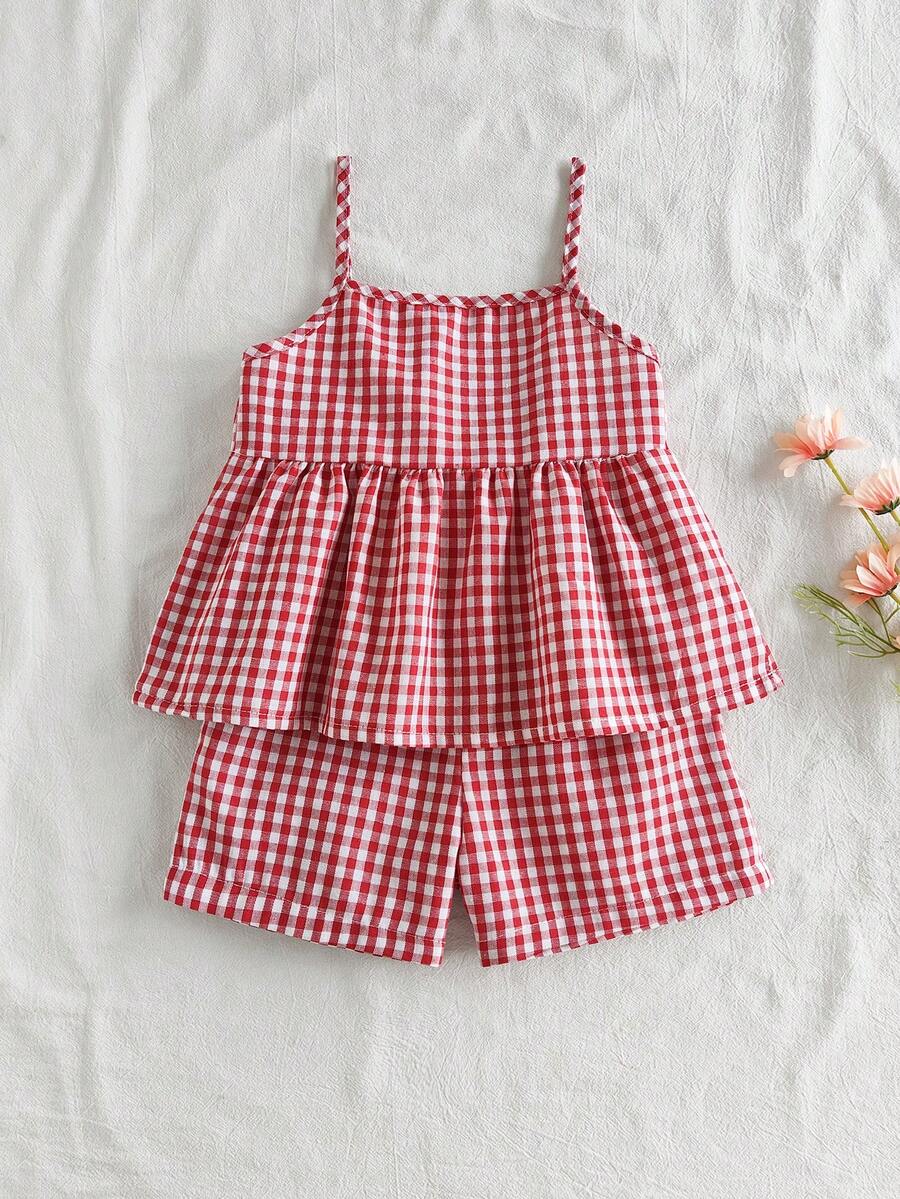 SHEIN Vintaside Kids 女童格子吊带背心和直筒短裤套装（2件套），休闲舒适，适合外出、上学、居家穿着，百搭甜美，充满活力的红色格子假日套装 - 紅色 - 查看 1