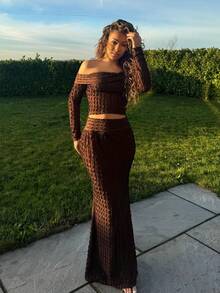 优雅派对露肩长袖上衣和裙子女士套装 - A - 棕色 - 查看 6