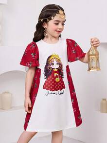 SHEIN Young Girl Cream White & Pale Yellow, Cute Cartoon Girl Red Rose Print, Contrast Floral Print Pattern, Muslim Girl Skirt, Muslim Skirt, Islamic Gift, Young Girl /Baby Girls Casual Minimalist Long Sleeve Dress, Prayer Abaya, Casual Wear, Vacay Vibes, Modest Kaftan, Jalabiya, Islamic Gifts, Cute Muslim Girl Jalabiya, Easy Comfort, Vacay Vibes فستان فساتين فستان احمر جلابيات - Red and White - View 2