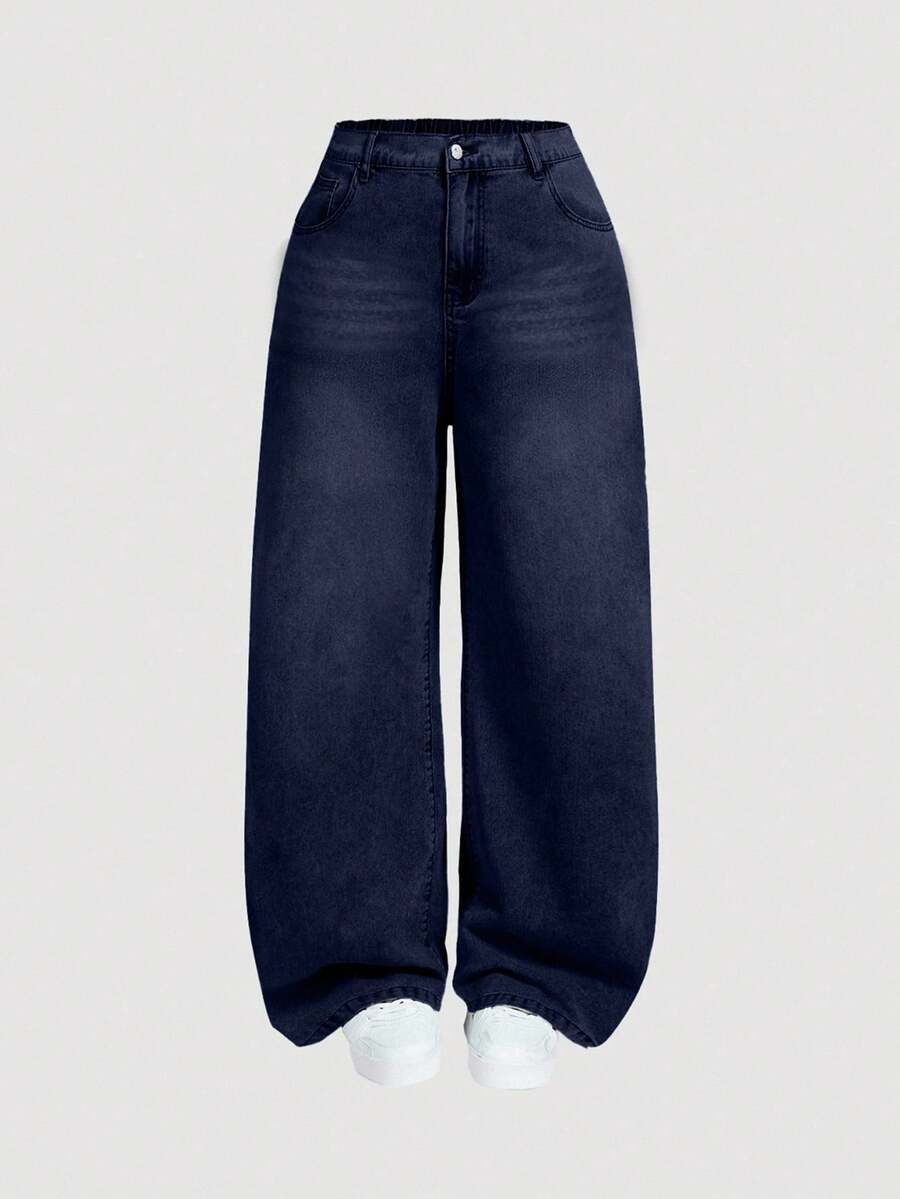 EURMUSE Plus Size Women Pockets Loose Fit Casual Versatile Denim Jeans - Dark Wash - View 1
