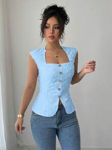 Elenzga Áo kiểu nữ mùa hè thích hợp cho đi chơi, hẹn hò, đi biển, nghỉ mát, phong cách Bohemian, miền Tây, đám cưới, lễ hội âm nhạc, thanh lịch, ngọt ngào, quyến rũ, lãng mạn, dệt trắng, thêu, cổ vuông, cài nút eo kiểu cổ điển. - Màu xanh nhạt - Xem 6