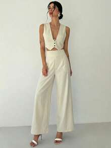 Firerie 2pcs Women Elegant Casual Minimalist Commute Office Daily Vacation V-Neck Sleeveless Blue & White Striped Vest & High Waist Wide Leg Straight Blue & White Striped Pants Set, Hawaii Vacation Outfit - Apricot - View 2