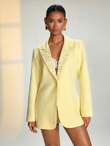 EURMUSE Áo blazer nữ tay dài màu trơn, cổ áo rách, trang nhã, đính ngọc trai giả. - Màu vàng - Xem 3