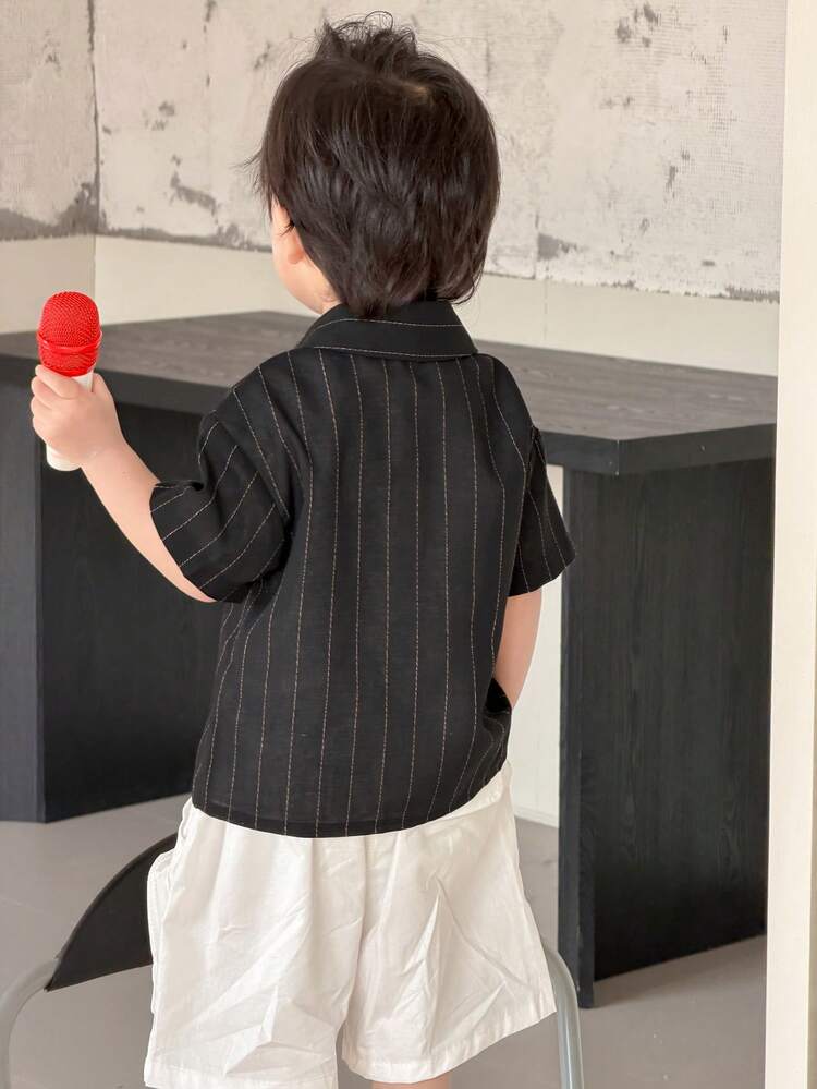 Toddler Boys' Casual Striped Collar Street Style Loose Solid Color Short Sleeve Top