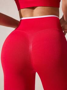 Core Rhythm 2-częściowy damski zestaw do fitnessu sportowego, biustonosz i legginsy, strój do jogi z modnym krzyżującym się wzorem w talii - Czerwony - Zobacz 4