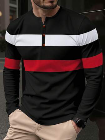 Manfinity Mode Men's Button Design Striped Long Sleeve Casual Versatile T-Shirt