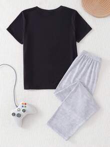 Boys' Casual Video Game Graphic Short Sleeve Top And Pants Pajama Set - Black - View 2