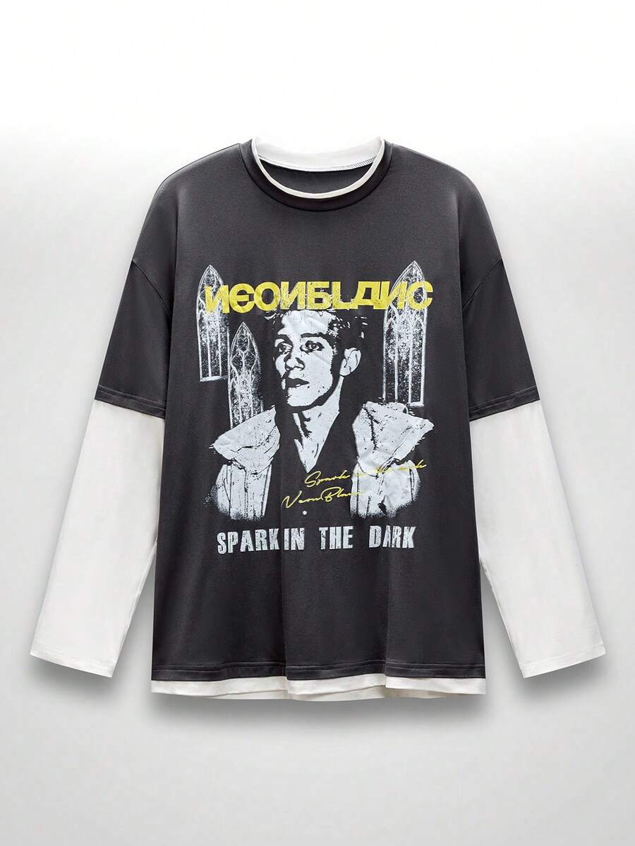 NEON BLANC 男士街头复古T恤 - 仿两件式宽松人像印花长袖 - 深灰色 - 查看 1