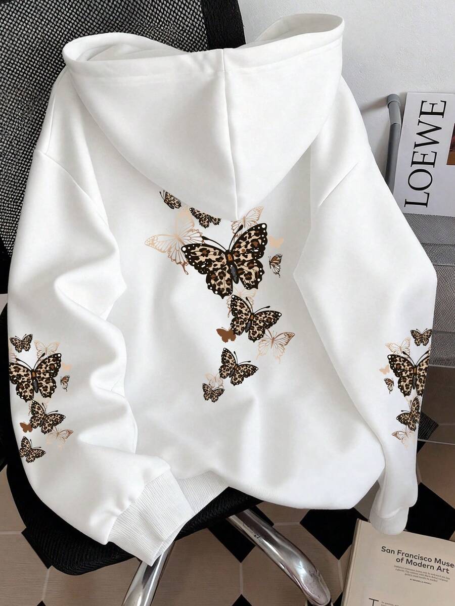 Resyla Women's Leopard Print Butterfly Pattern Pullover Sweatshirt Sweatshirt, Fashionable Street Style - White - View 1