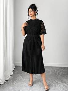 EMERY ROSE Plus Size Women's Mandarin Collar Hollow Out Pleated Waist Elegant Party Short Sleeve Dress - Black - View 1