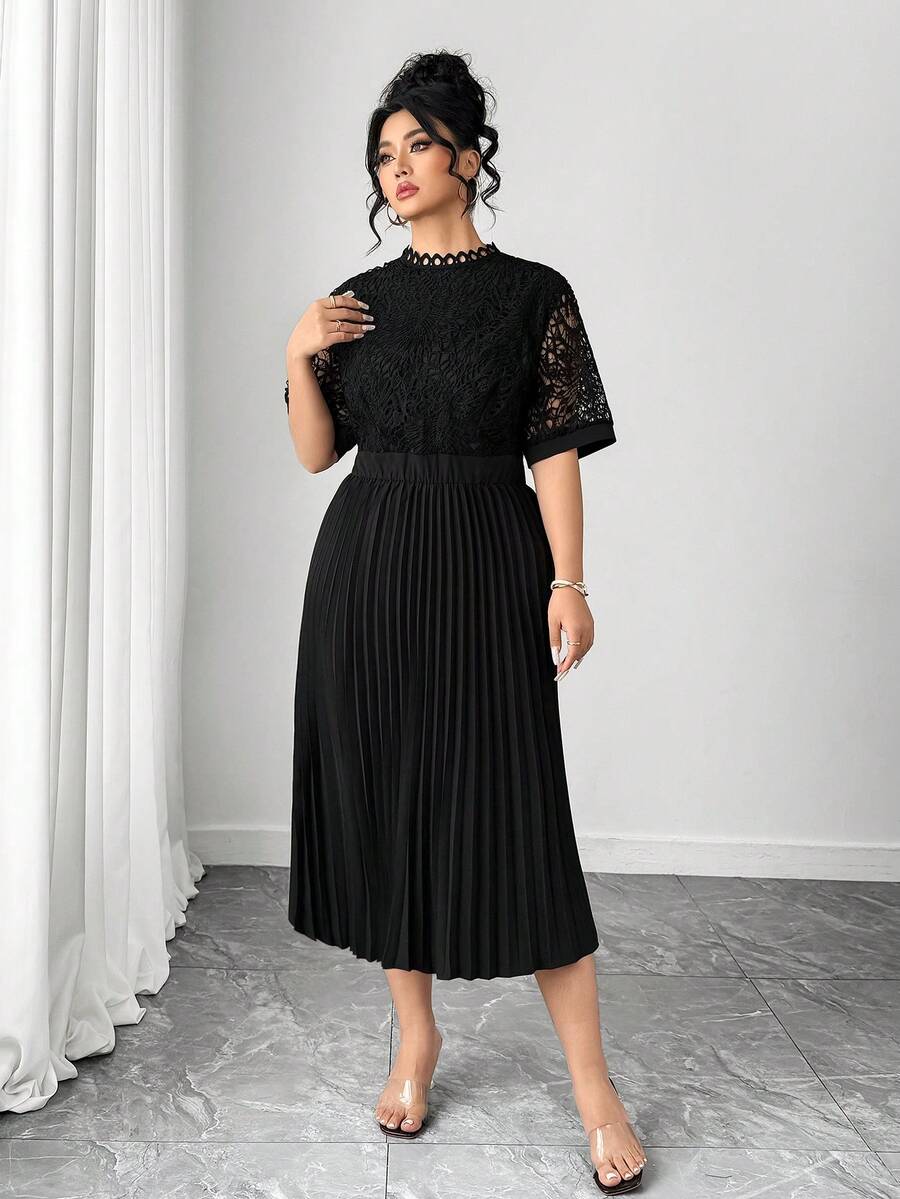 EMERY ROSE Plus Size Women's Mandarin Collar Hollow Out Pleated Waist Elegant Party Short Sleeve Dress - Black - View 1