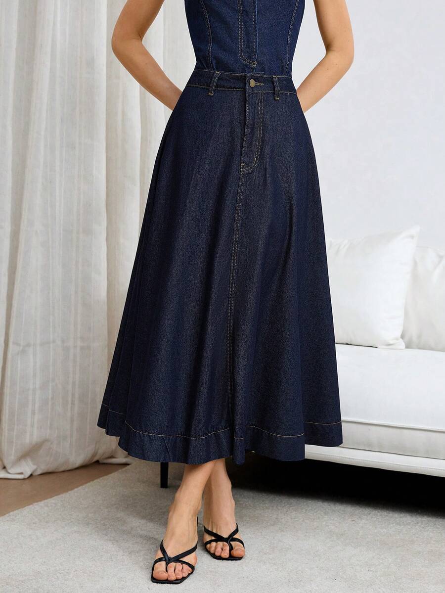 Siren Gaze Women's Dark Blue Denim Midi Skirt, Elegant High-Waisted A-Line Skirt Spring Casual - Dark Wash - View 1