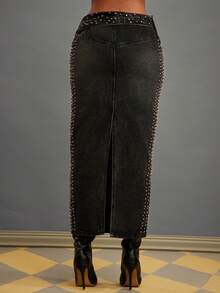 NYA SZN Skirt Denim High Rise Bodycon Fitted Studded Silver Hardware Streetwear Grunge Lux Washed Black Holiday Carnival Outfits For Women - Black - View 7