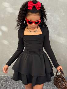 Coolane Kids Vestido de princesa plisado de unicolor para niñas preadolescentes, adecuado para fiestas y eventos, Navidad, fiestas, vestidos de fiesta elegantes, vestidos de playa, vestidos casuales, atuendos de vacaciones, vestido negro, vestido negro de manga larga para niñas - Negro - Ver 2