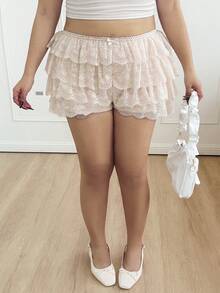 CovetEZ Plus Size Women Casual Solid Color Ruffle Hem Bow Decor Shorts, Suitable For Spring And Summer Lace Bloomers Lace Shorts Ruffle Shorts - Beige - View 8