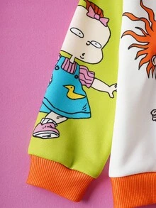 Nick 90s | SHEIN Baby Boy Cartoon Figure Graphic Colorblock Sweatshirt And Navy Blue Dog Dinosaur Print Sweatpants 2-Piece Set, Suitable For Autumn/Winter Fall - Navy Blue - View 11