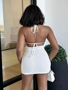 Alexandranx 贝壳胸罩露背吊带系带针织紧身迷你连衣裙 - 白色 - 查看 2