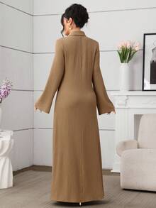 Mulvari Knitted Solid Color Textured Fabric Shirt Collar Button Decor Long Sleeve Loose Elegant Everyday Dress - Brown - View 2