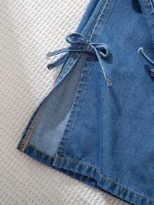 SHEIN Teen GirlBow Accent Loose Fit Blue Denim Wide Leg Pants - Light Wash - View 9