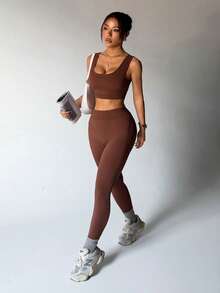 Dewbera Women's 2-In-1 U-Neck Sleeveless Top And Tight Leggings Set, Sexy Splice Design, Suitable For Sports, Casual, Yoga, Daily Wear Brown Yoga Set Y2k Leggings And Top Set Brown Workout Set Brown Athletic Set Tights Two Piece Set Women - Brown - View 5