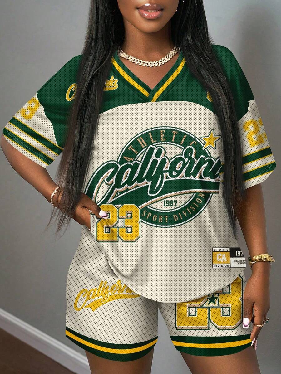 Slaydiva 2pcs/Set Plus Size Casual Minimalist Digital Print Sports Outfit, Suitable For Summer - Yellow - View 1